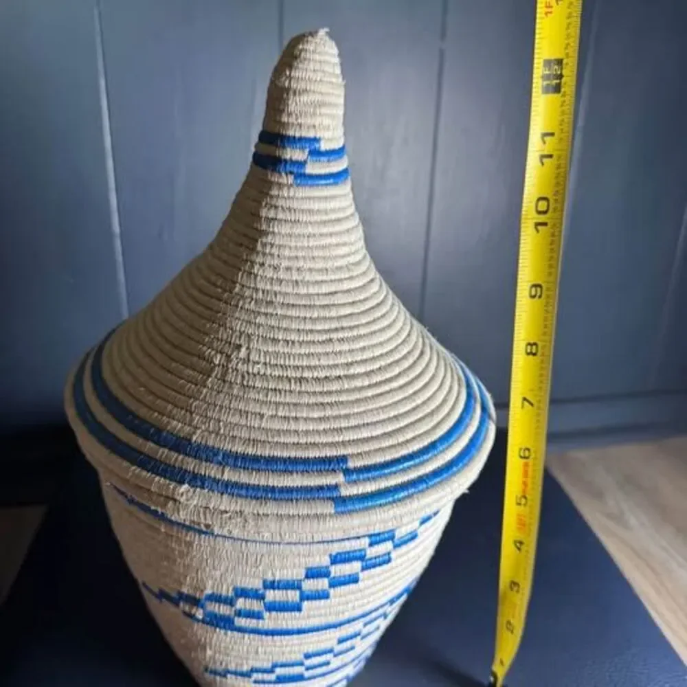 Authentic Rwandan Agaseke Peace Basket Handwoven Blue & Cream Sisal 13